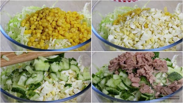 Салат с тунцом и пекинской капустой - смешиваем ингредиенты